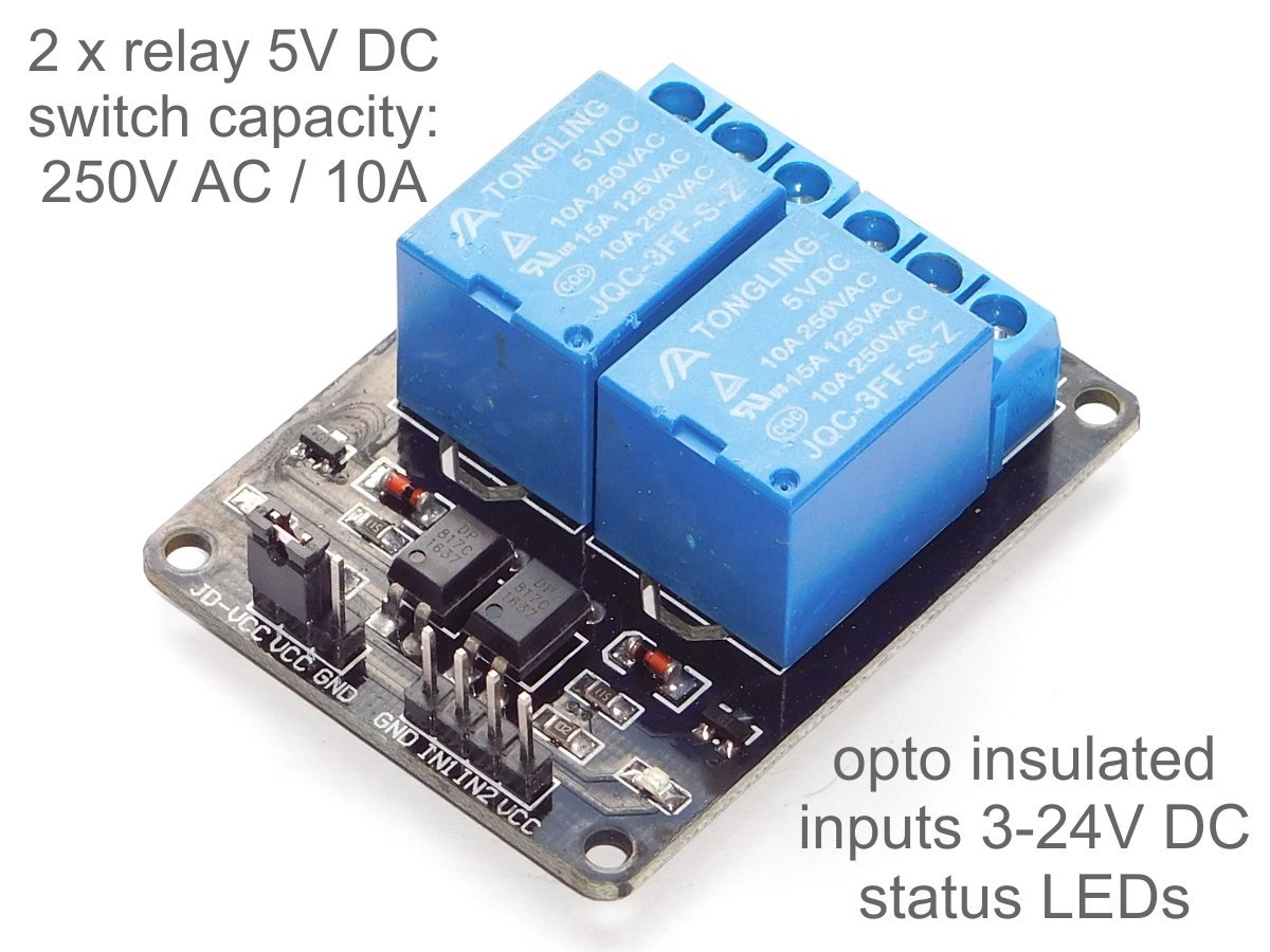 2 Relay Board 10A / 250V – Opto-Insulated Inputs 3-24V for Arduino etc. 6