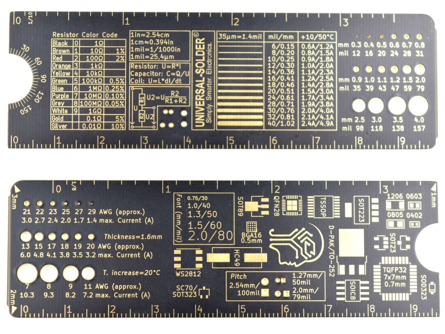 CANADUINO PCB Ruler 10 cm – Black and Gold – SMD Foot Prints – Wire Gauges etc. 4