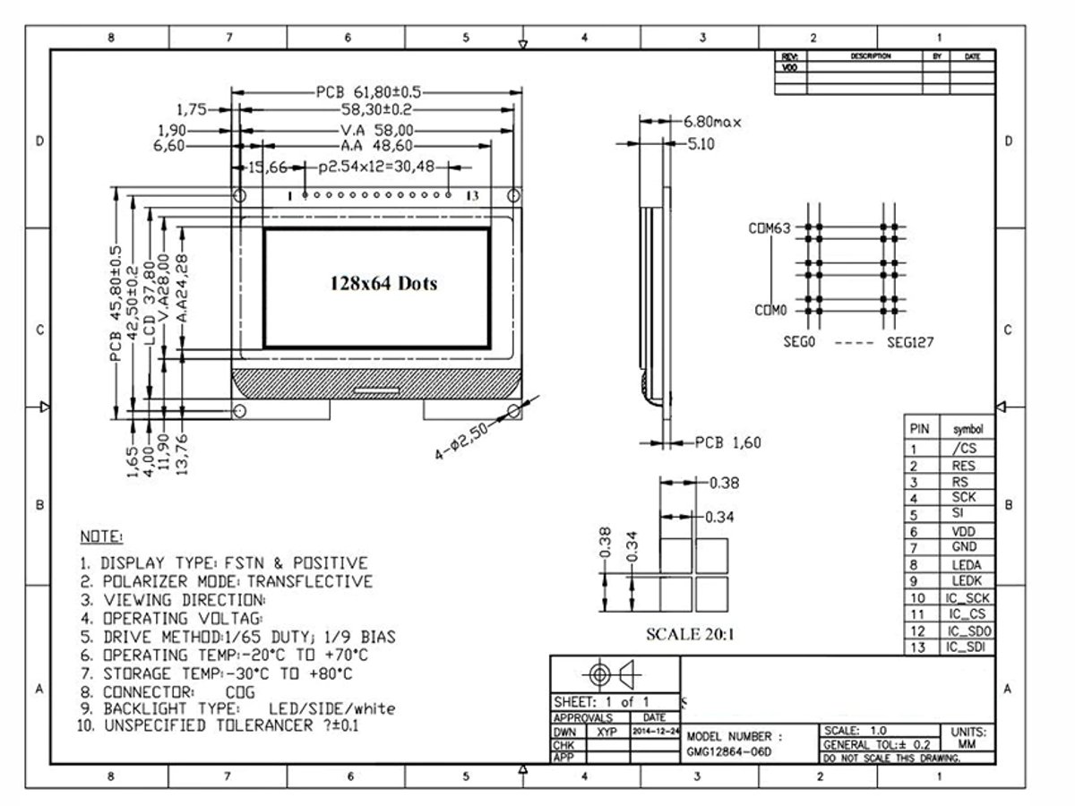 Frameless Graphic LC Display 128×64, SPI interface, backlight, ST7565R (Blue) 5